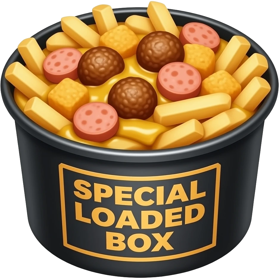 french fry, chicken cubes, sausage slices and meatballs all mixed together with mustard sauce in a black round plastic box. Its called a Special loaded box. with everything mixes with one another. no individual item at one side. mix everything emoji