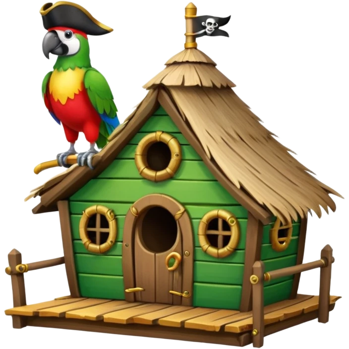 frontal view of an only Flying pirat parrot with a pirat hut. no other objects emoji