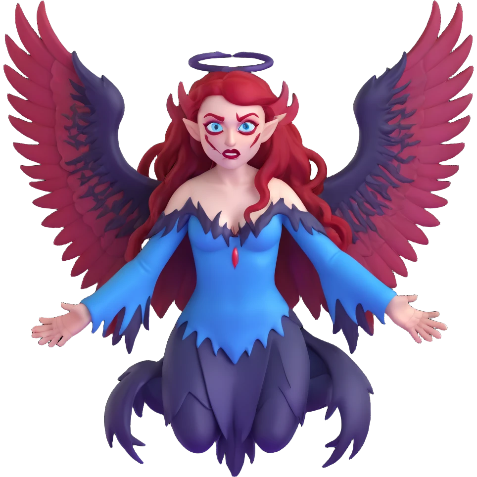extremely diabolical demon girl with enormous high reaching wings, blood red hair, sinister glowing blue eyes, dark hellish aura, no horns, fangs emoji