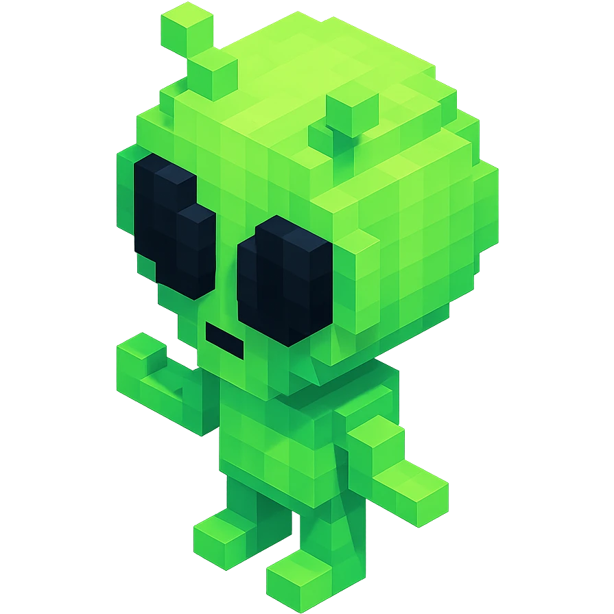 alien with classic green skin and big black eyes, isometric view emoji