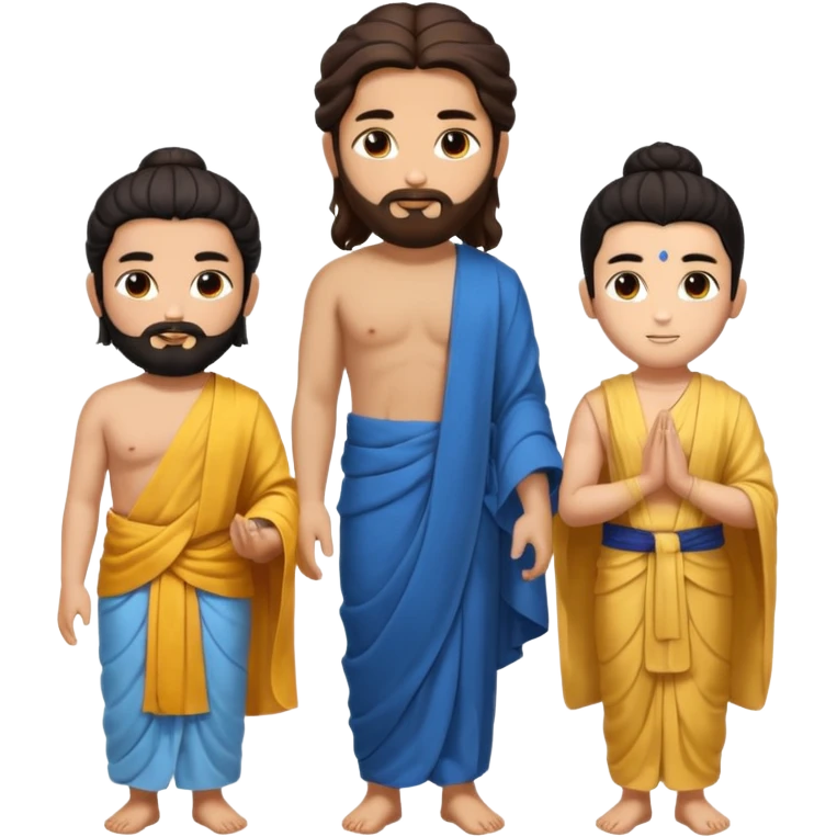 Create a Jesus, Krishna, and Buddha standing together. Buddha: warm golden or light tan skin, dark curled hair with a traditional top bun (ushnisha), half-closed meditative eyes

 emoji
