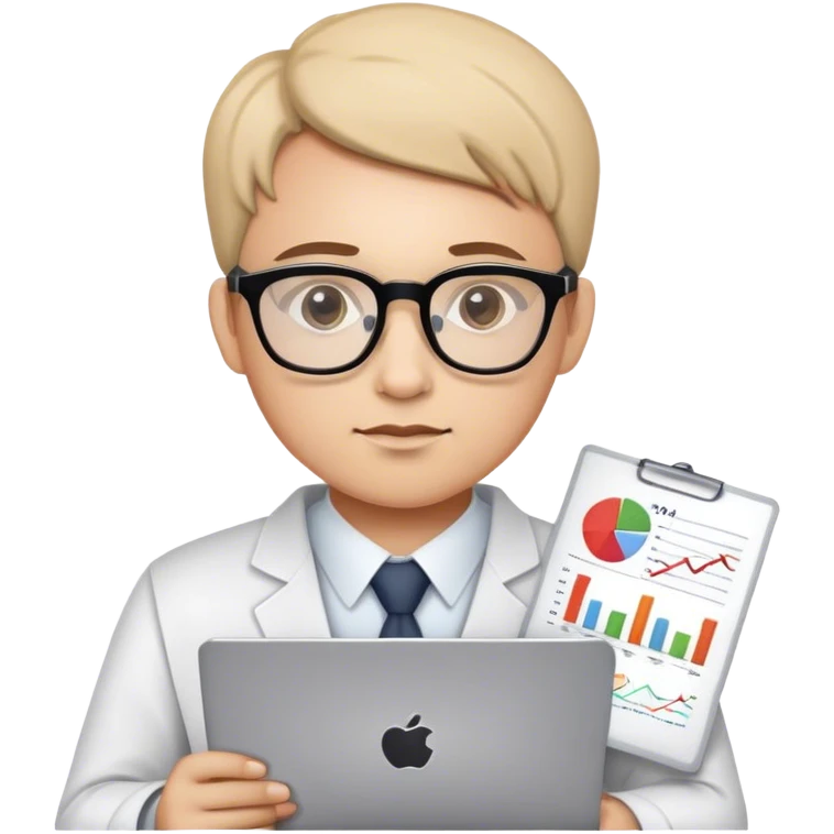 Emoji of an analyst: wearing glasses, focused expression, holding a graph, chart, or laptop, symbolizing data analysis and insights. emoji