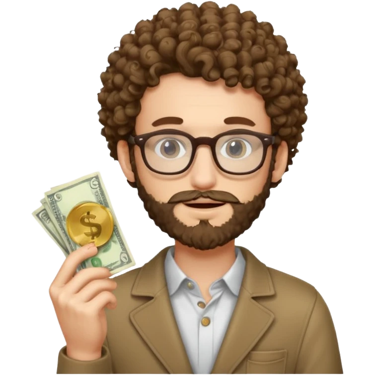 curly skinny guy with bear with glasses, with some money in the hands emoji