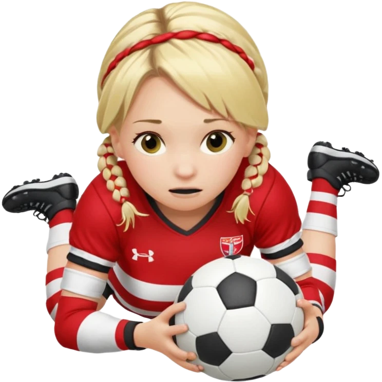 Chica de pelo rubio tirada en el suelo boca abajo agarrando un balón DE RUGBY con las manos vestida con una equipación de color rojo y blanco con líneas y con unas botas de tacos de fútbol, con un bucal en la boca y el pelo con trenzas, se la tienen que ver las piernas  emoji