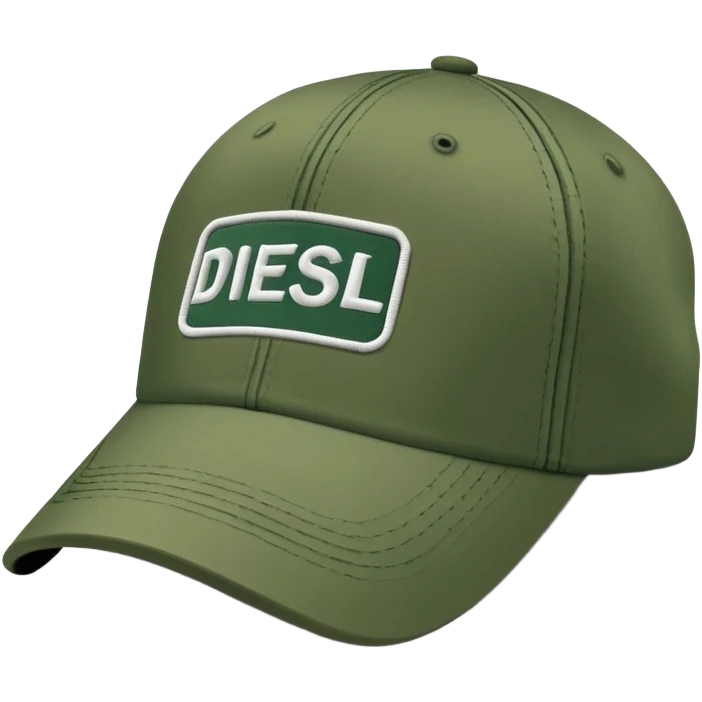Deep army green Diesel cap, isolated hat with white handwritten Diesel text and the brand's logo below it, no human emoji