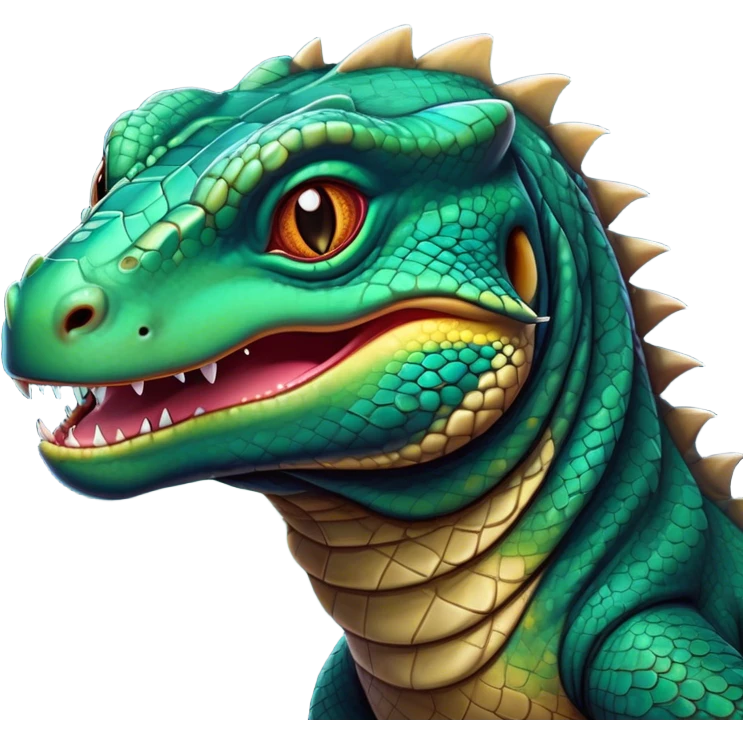 Cinematic Comical Komodo Dragon Lizard Portrait Emoji, Head tilted dramatically with an exaggeratedly shocked expression, featuring a robust, scaled body with wide, comically expressive eyes full of humorous disbelief, Simplified yet hilariously expressive features, highly detailed, glowing with a slightly sassy glow, high shine, dramatic yet playful, stylized with an air of quirky exotic attitude, soft glowing outline, capturing the essence of a meme-worthy Komodo dragon that looks ready to side-eye its way into viral fame! emoji