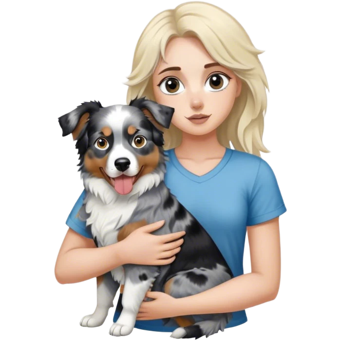 Blonde girl holding a black tricolor australian shepherd on one side and a blue merle australian shepherd on the other side emoji