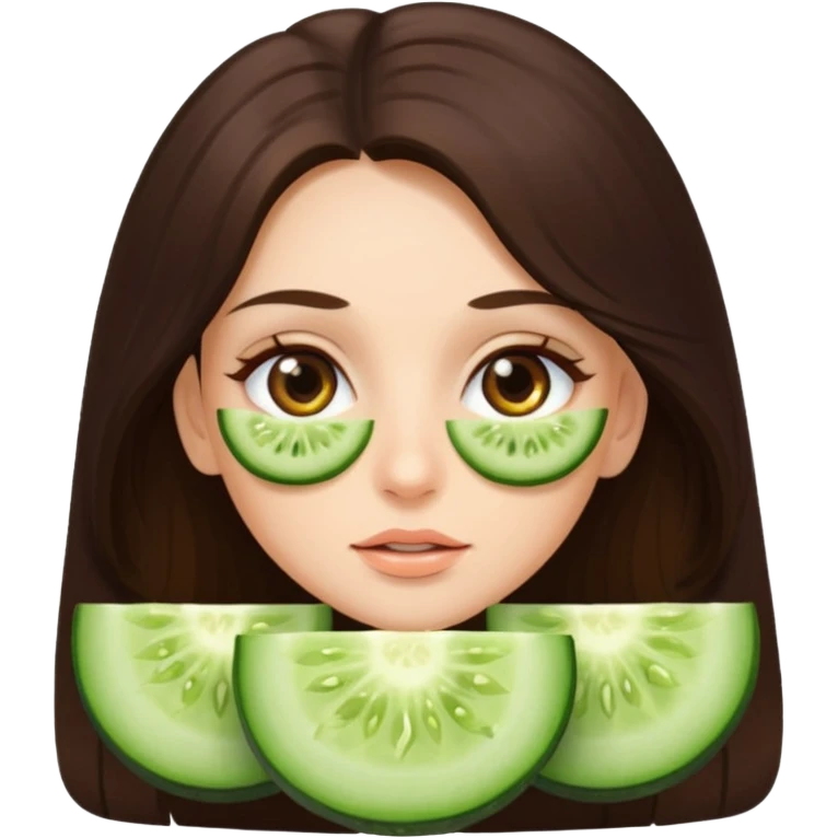 brunette girl with beautiful brown eyes and long hair, cucumber slices on eyes emoji