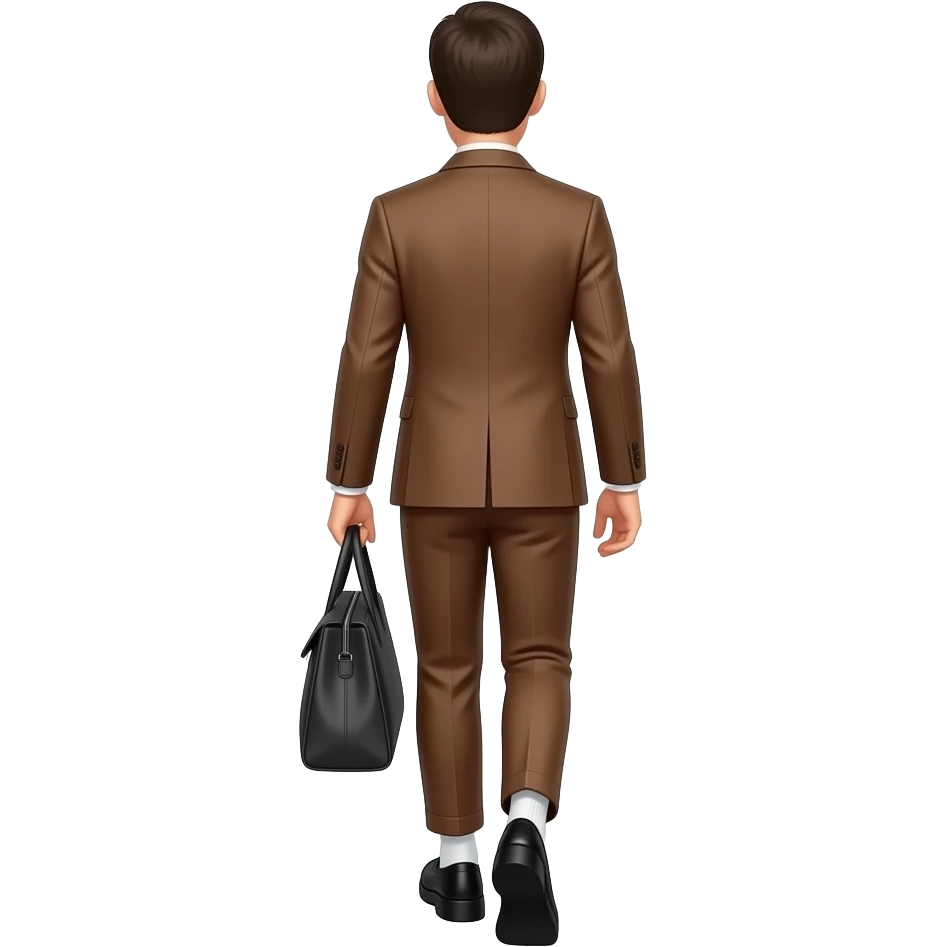 showing in image a man walking with a brown suit and skinny pants, and a platform loafers black, and she's carrying a bag and a white socks, back view emoji