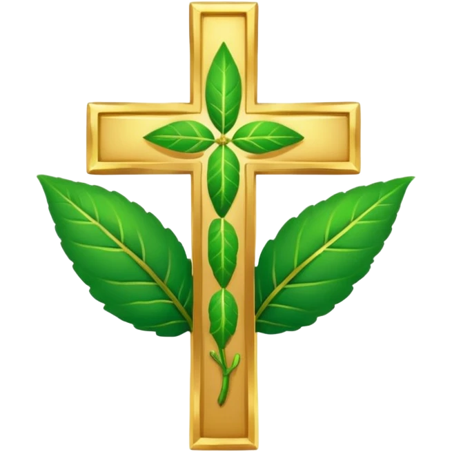 "A clean, friendly emoji of three vibrant green Tulsi (Holy Basil) leaves centered over a small, glowing golden cross or 'plus' sign, symbolizing healing. Simple, flat, 32x32 pixel icon style. Transparent background. Icon for natural healing and wellness." emoji