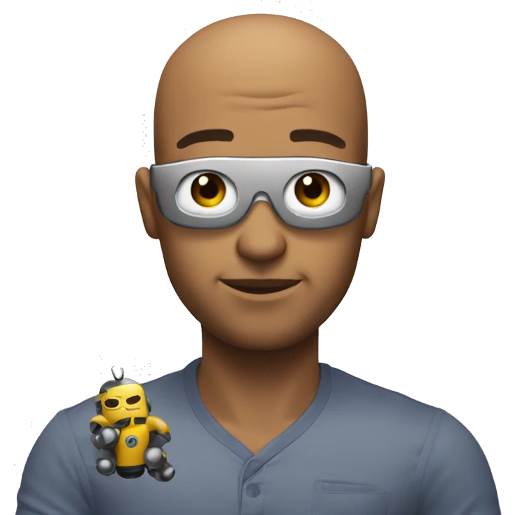 A man rubbing a toy robot against his bald forehead emoji