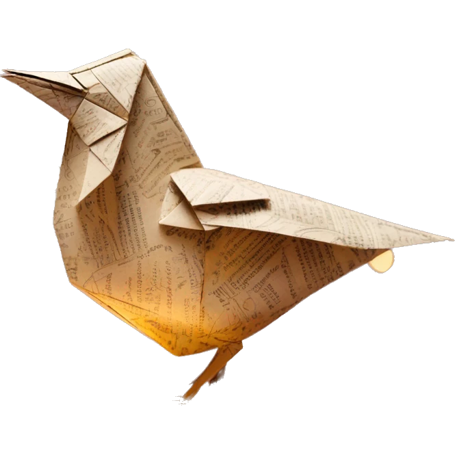 Sparkling patterned Beige Origami bird with a dried flower in beak made of newspapers intricate patterns surrounded by fairy lights emoji