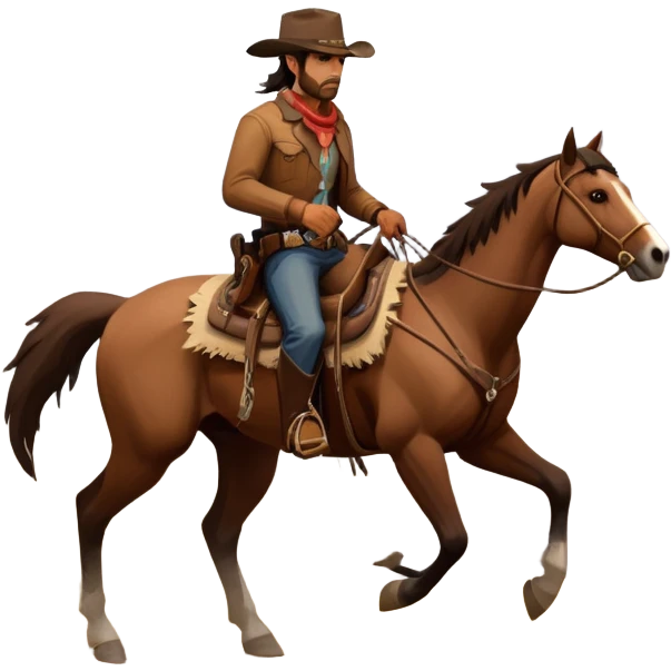 An icon representing an adventure game, inspired by Red Dead Redemption II. The design features a rugged cowboy riding a horse through a vast, open landscape with mountains, deserts, and wild animals. The atmosphere conveys exploration, action, and the thrill of the journey. Transparent background emoji