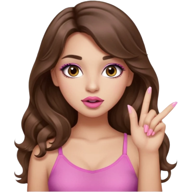 girl with long wavy brown hair, brown eyes, light to medium complexion, in a pink sexy top, pink lips, long lashes, silent motion with the hand one finger up by the mouth emoji