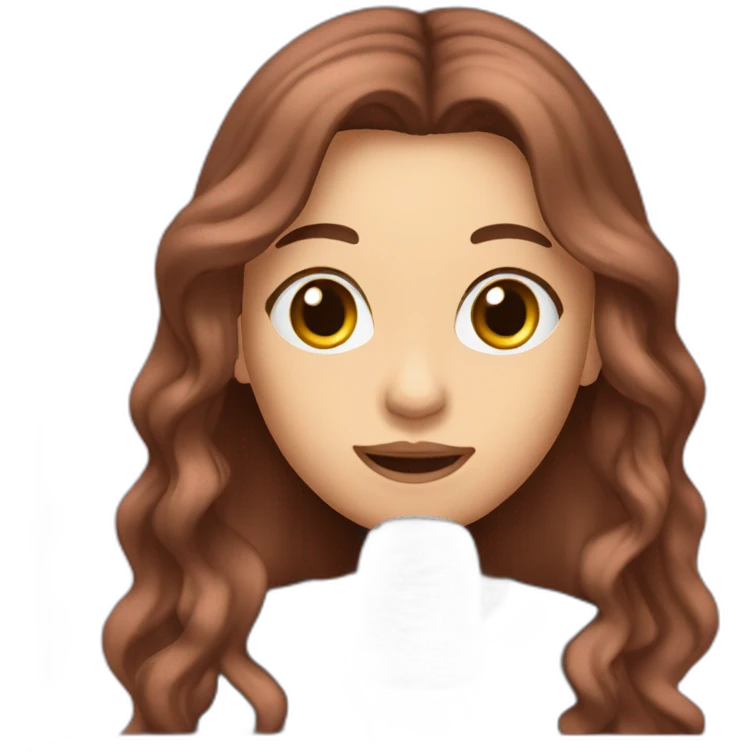 caucasian woman with long brown hair and pink highlights, black t-shirt, with a microphone singing emoji