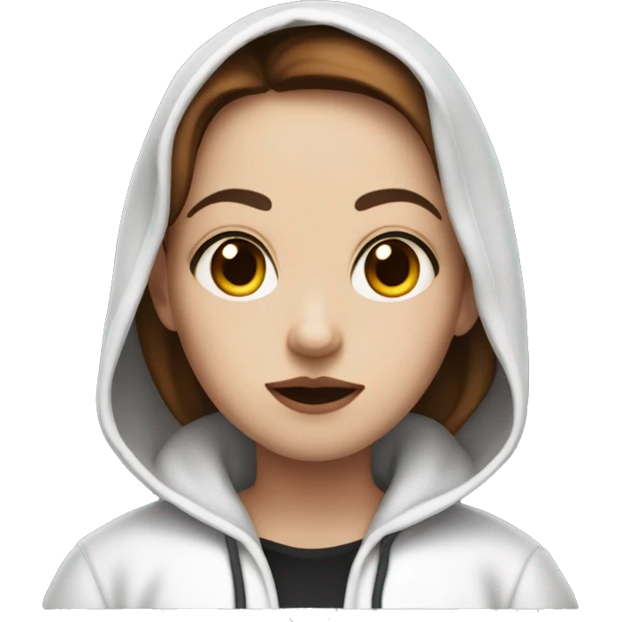 
White hoodie, brown hair, black eyes, slightly overweight girl with vampire make-up emoji