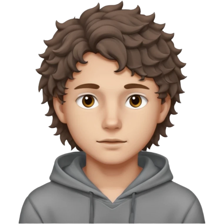 18 year old boy siren eyes good jawline with grey hoodie and long brown wavy curly wolf cut hair emoji
