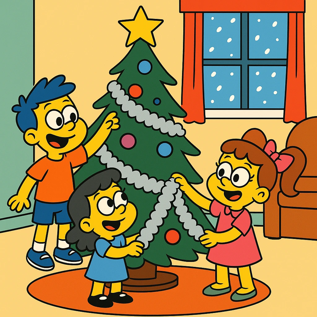 little children decorating a Christmas tree in the living room with tinsel. It's snowing outside the window emoji