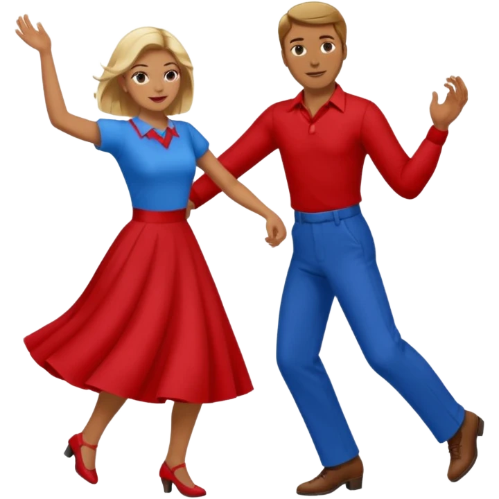Two people. Man  wearing all red  with brown hair. Women iall blue with blond hair. Swing Dancing.  emoji