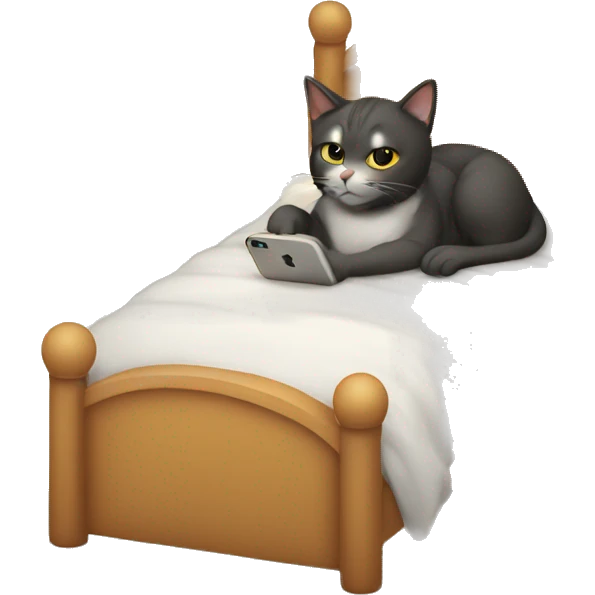 cat in a bed laying down with iPhone in hand emoji