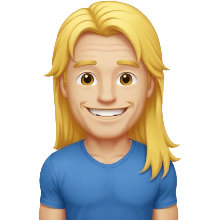 muscled happy guy, long yellow hair, blue t-shirt emoji