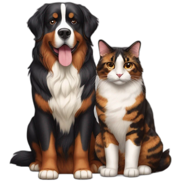 A Bernese dog next to A tortoiseshell cat without white emoji
