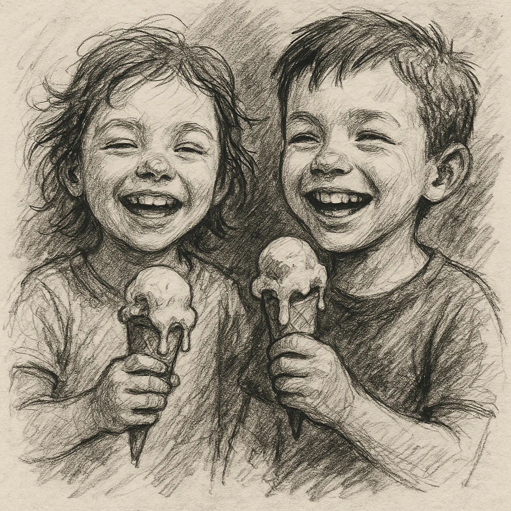 happy children with melting ice cream cones emoji