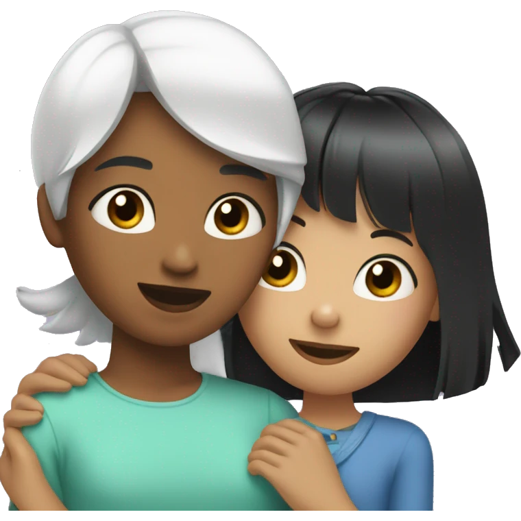 A girl with a square of black hair hugs a girl with bangs and white hair emoji