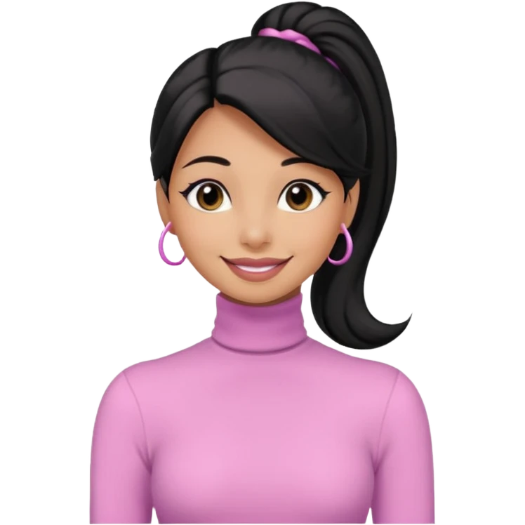a woman with long sleeve turtle neck top and smile, her hair is long black pony tail, her eyes color are black and the color of her lip is soft pink emoji