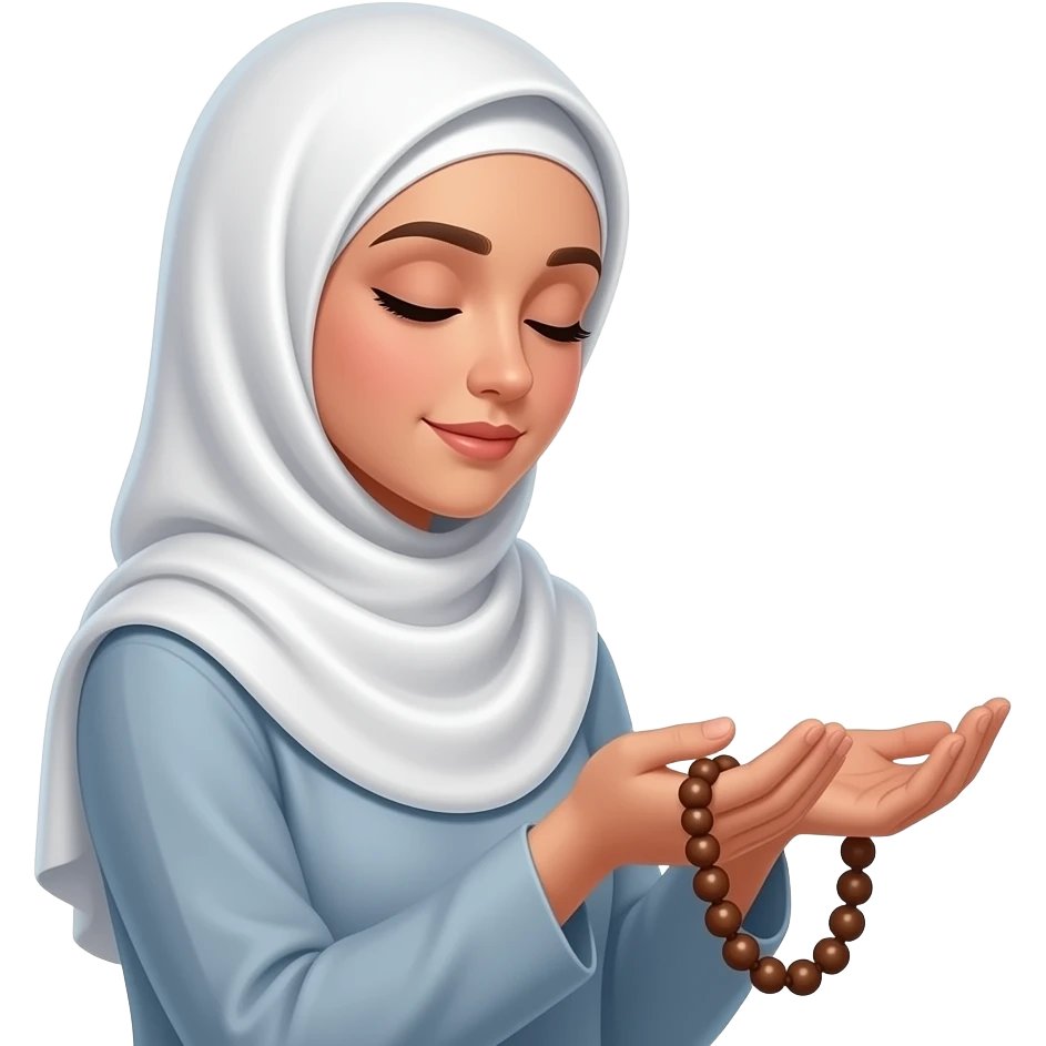 An ethereal Muslim woman, prayed position, closed eyes, wearing a soft white satin hijab, tasbih, prayer rug, gently cupping a luminous Patreon icon (the round 'P' icon) made of liquid light. Text bubble from mind: 'WHAT DO THEY GET IN?'. Isolated on white, magical stardust, 3D icon style emoji