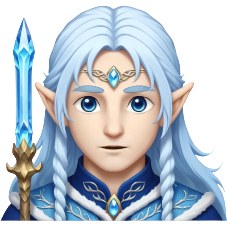 Legendary fantasy Christmas elf portrait icon, Santa Claus and Snow Maiden inspired, ancient winter spirit style, long flowing white-blue hair, glowing frost eyes, crystal staff, elegant elven features, divine winter magic aura, icy silver color palette, highly detailed but clean emoji icon male emoji