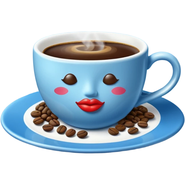 A steaming cup of coffee is visible. The blue cup has a kissing lips print and sits on a blue saucer filled with coffee beans. emoji