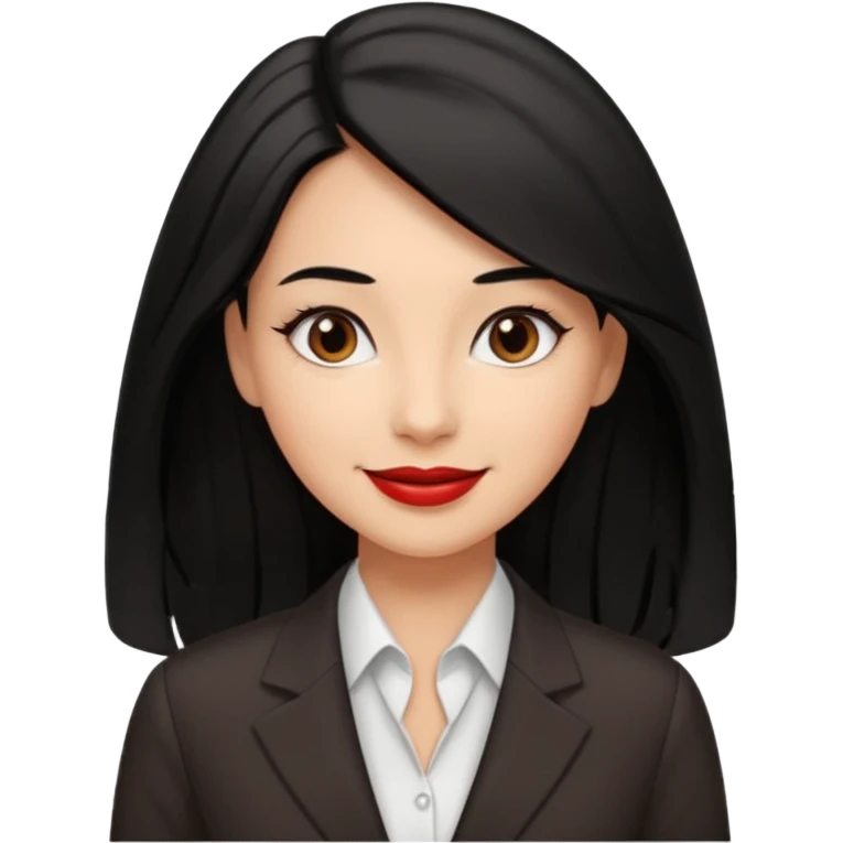 a woman with office outfits and smile, her hair is long black hair, her eyes are soft brown color and the color of her lip is soft red emoji