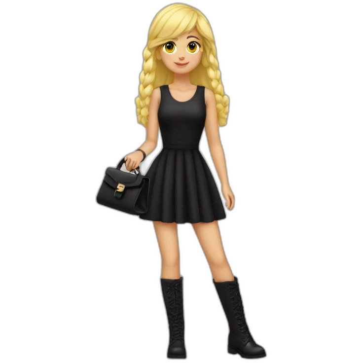 Chica rubia con flequillo vestido negro bolso negro botas negras anillo emoji