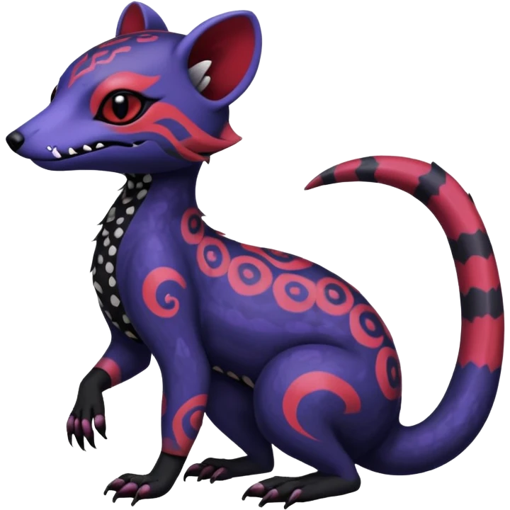 Rare warm-colored exotic gloomy tropical edgy cute epic aesthetic spooky indigo violet white black red gothic colorful Salandit-Noibat-Civet-species-Fakemon-hybrid-creature, with tribal tattoo markings, full body emoji
