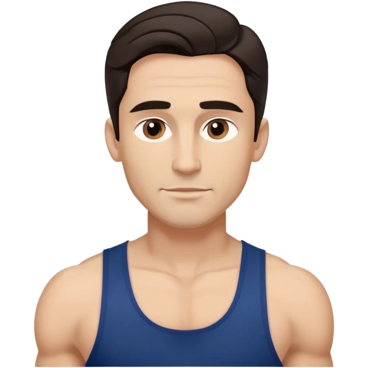 Fit man in his early 40s with light brown complexion. Elongated face with strong jawline. Attractive features with medium dark eyes and arched eyebrows. Straight nose. Confident expression. Medium-length wavy dark hair styled modernly. Wearing a dark blue athletic tank top. emoji