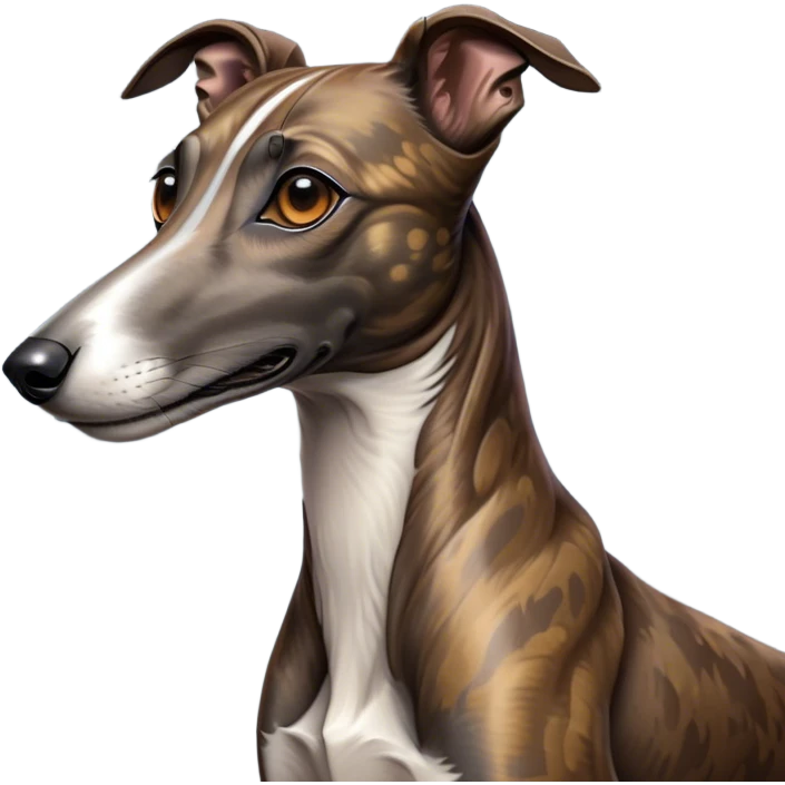 Cinematic Noble Brindle Greyhound Portrait Emoji, Poised and regal, with a slender, aerodynamic build and a refined brindle Fur, deep-set soulful eyes, Simplified yet sharp and sophisticated features, highly detailed, glowing with a soft, dignified glow, high shine, intelligent and agile, stylized with an air of elegance, focused and attentive, soft glowing outline, capturing the essence of a watchful and graceful racer, so majestic it feels as though it could dash out of the screen with effortless authority! emoji