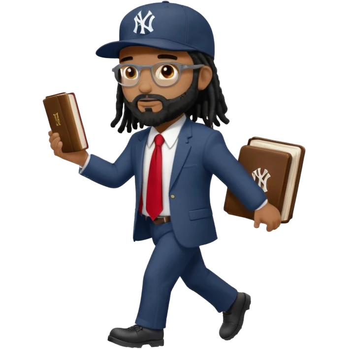 African American man with shoulder length black dreadlocks with black beard wearing a New York Yankees logo baseball cap wearing a suit with red tie walking right holding a Holy Bible emoji
