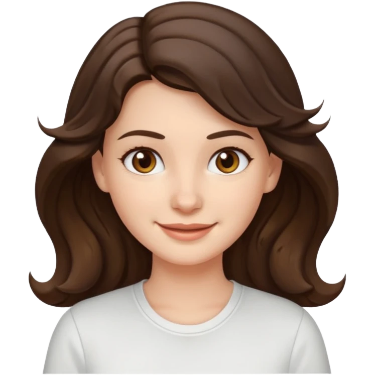 A White girl with wavy and dark hair, light brown eyes and a white shirt smiling emoji