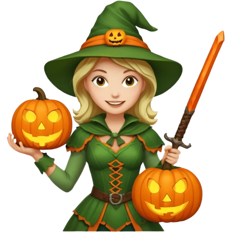 Woman Hunter With Jack o Lantern, wearing green costume, with sword emoji