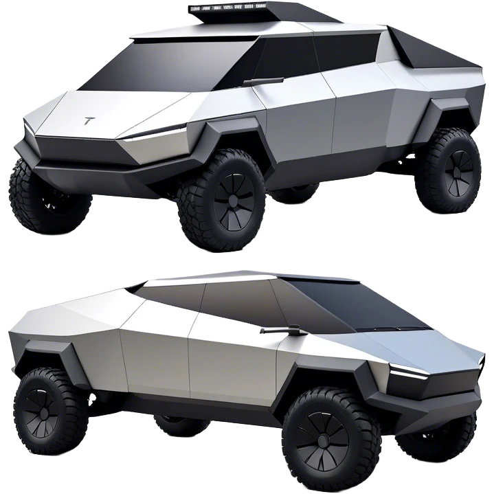 Tesla Cybertruck - A futuristic Tesla Cybertruck, angular and geometric with a sharp, triangular body shape. Stainless steel exoskeleton with a raw, unpainted, brushed-metal finish. A sleek, narrow LED light bar stretches across the entire front. Large, rugged off-road tires with exposed wheel arches. Smooth, handle-free doors and a slanted, armored rear with a retractable tonneau cover. Rear LED strip mirroring the front. The vehicle looks like a sci-fi-inspired, bulletproof stealth tank on wheels, set in a high-tech urban environment at sunset, with reflections on its metallic surface. emoji