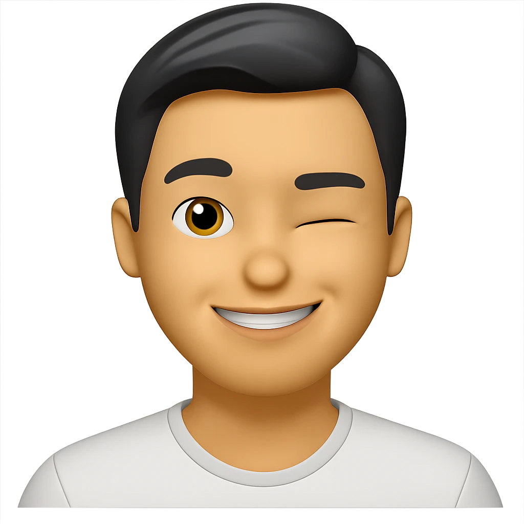 Keep the same color and shape as the original image. Change the facial expression to a 'perfect' confident smile with a raised eyebrow and a wink. Transparent background. emoji