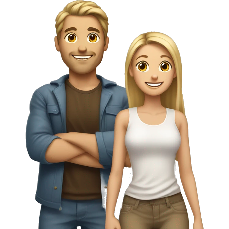 Woman and man smiling, woman has straight Brown hair in a ponytail, slightly sunkissed skin, man has blonde long hair which are in a ponytail, slightly sunkissed skin emoji