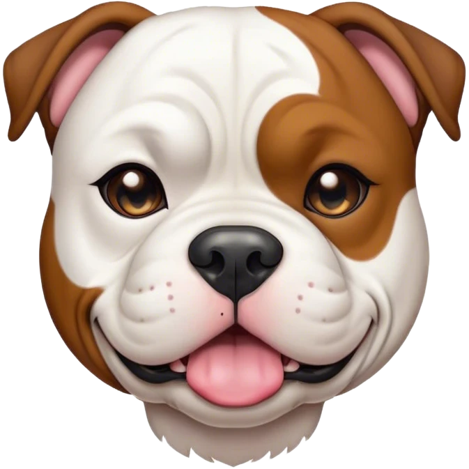 Cinematic Cute Black and White American Bulldog Portrait Emoji, Head tilted playfully and inquisitively, smooth fur with a bold black and white pattern, round, sparkling brown eyes filled with curiosity, Simplified yet irresistibly adorable features, highly detailed, glowing with a warm, friendly glow, high shine, affectionate and lively, stylized with a touch of whimsy, bright and endearing, soft glowing outline, capturing the essence of a mischievous yet loving pup, so playful it feels like it could bound out of the screen and into your arms! emoji