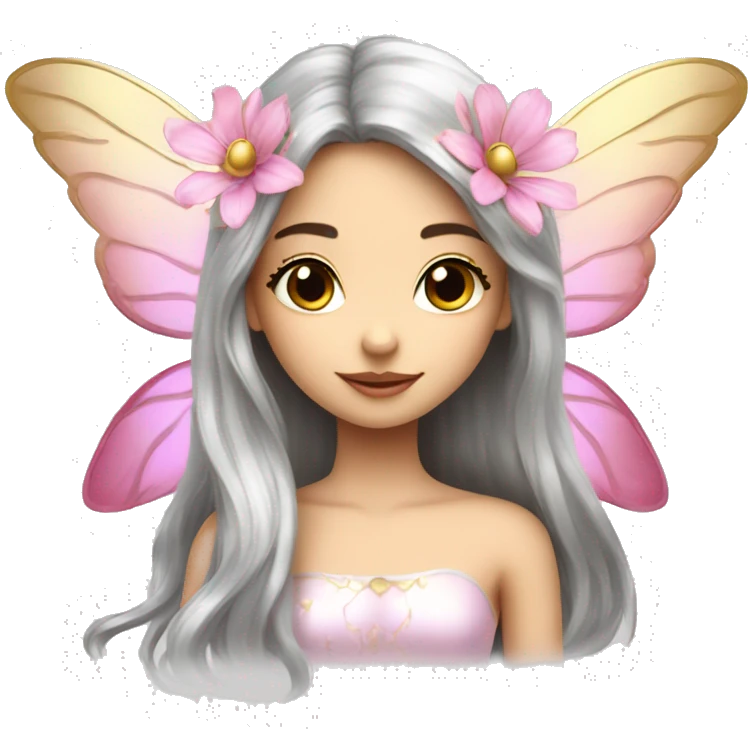 Beautiful, flower, fairy, pink, silver, gold, long hair, big wings, fair skin emoji