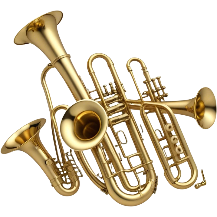 Create a simple and symbolic emoji collage representing wind instruments. Include a variety of iconic elements like the bell of a trumpet, the mouthpiece of a saxophone, and a subtle outline of a trombone. Arrange the elements in a dynamic and balanced way. Use warm metallic tones like gold, brass, and silver for the instruments, with a clean and minimalist design. The background should be transparent, focusing on the shapes and silhouettes of the instruments to convey their essence without excessive detail. emoji