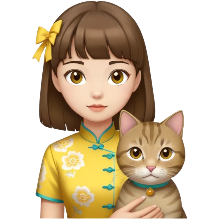 girl with brown hair and bangs wearing yellow qipao with gray tabby cat emoji