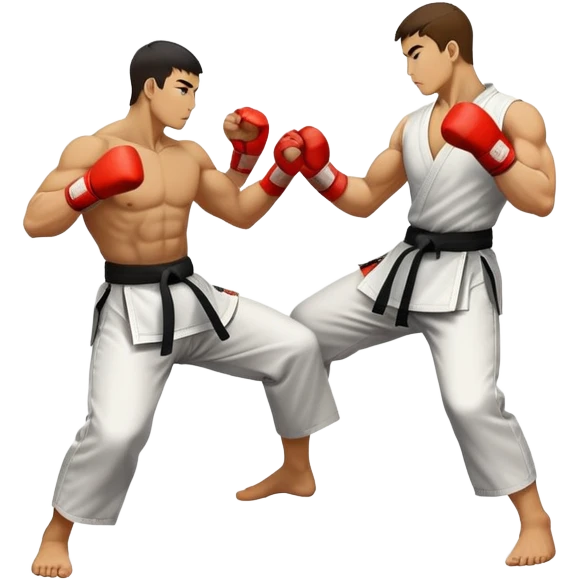 Round emblem symbolizing striking martial arts. The emblem features two fighters in dynamic stances, one delivering a powerful punch while the other defends with a block. In the center, a stylized fist and foot crossed to represent the essence of striking.  emoji