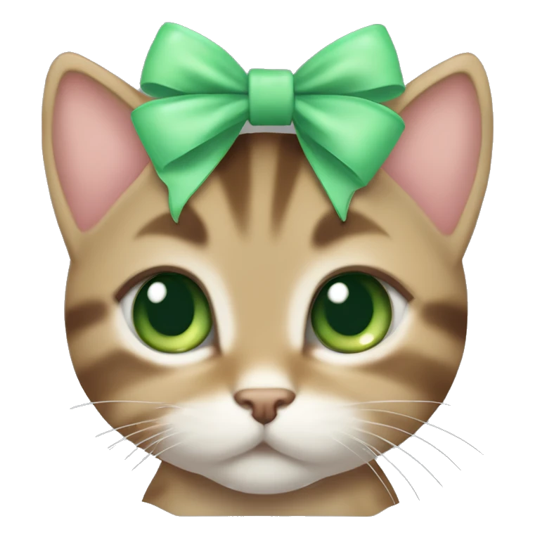 kawaii brown tabby kitten with green eyes and pastel green bow on top of head emoji