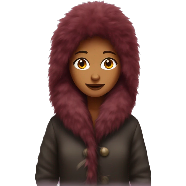 Long burgundy haired girl wearing giant fur coat emoji